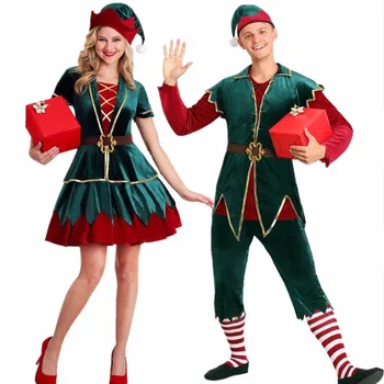 4/Gab Vīriešiem, Sievietēm Ziemassvētku Zaļo Elfu Tērpu Ziemassvētku Cosplay Santa Palīgs Elf Pāris Uzvalks Ziemassvētku Kostīms