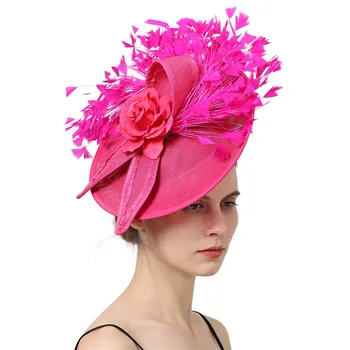 Elegants Karstā rozā Spalvu Fascinator Kāzu Līgavas HairClip Gadījumā Cepuri Puse Kokteilis Headpiece Dāma Ziedu Raksts Cepures