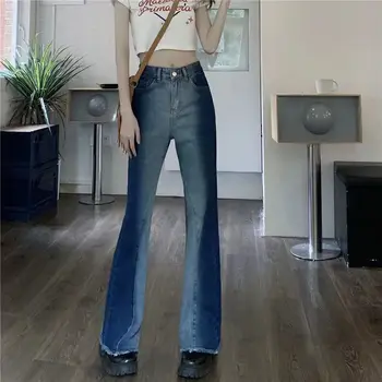 Zila Slīpums Kontrasts Augsts Viduklis Amerikāņu Retro Sieviešu Džinsi Biroja Y2k Streetwear Slim Gadījuma Plaša Kāju Džinsa Bikses Bikses